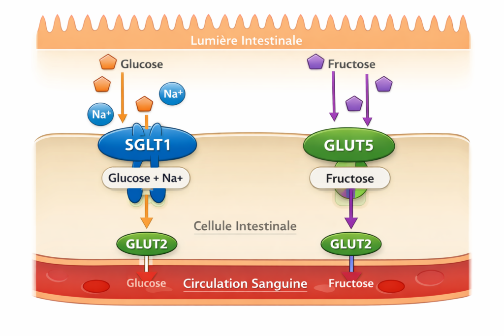 Schéma de la paroi intestinale illustrant l’absorption du glucose et du fructose via les transporteurs SGLT1, GLUT5 et GLUT2.